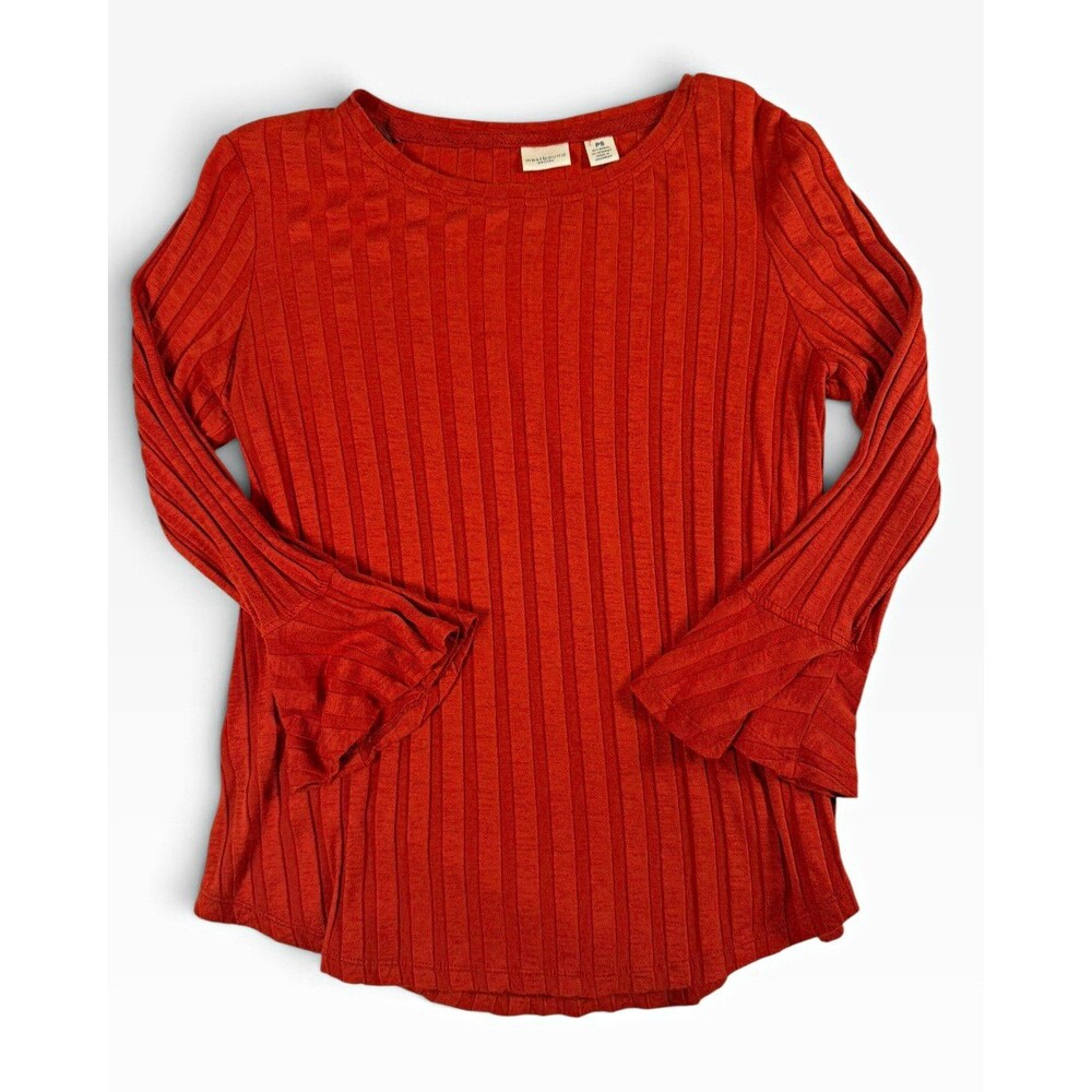 Westbound Petites Women PS Rust Orange Ribbed Bell Sleeve Stretch Top For Fall